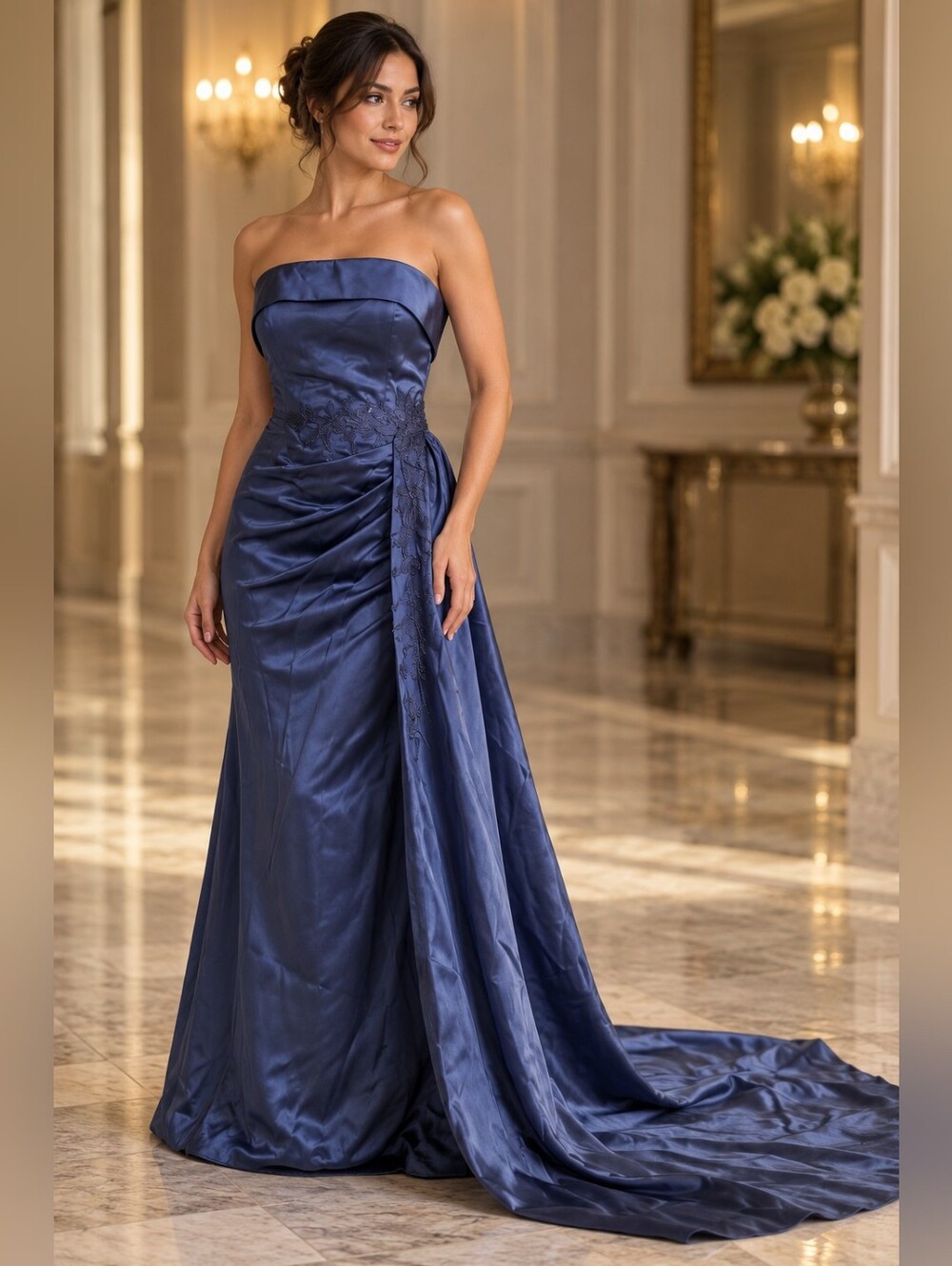 Elegant Navy Satin Strapless Evening Gown with Lace Appliqué
